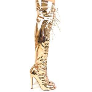R.Gold Front Lace Up Slim Heel Over The Knee Boot